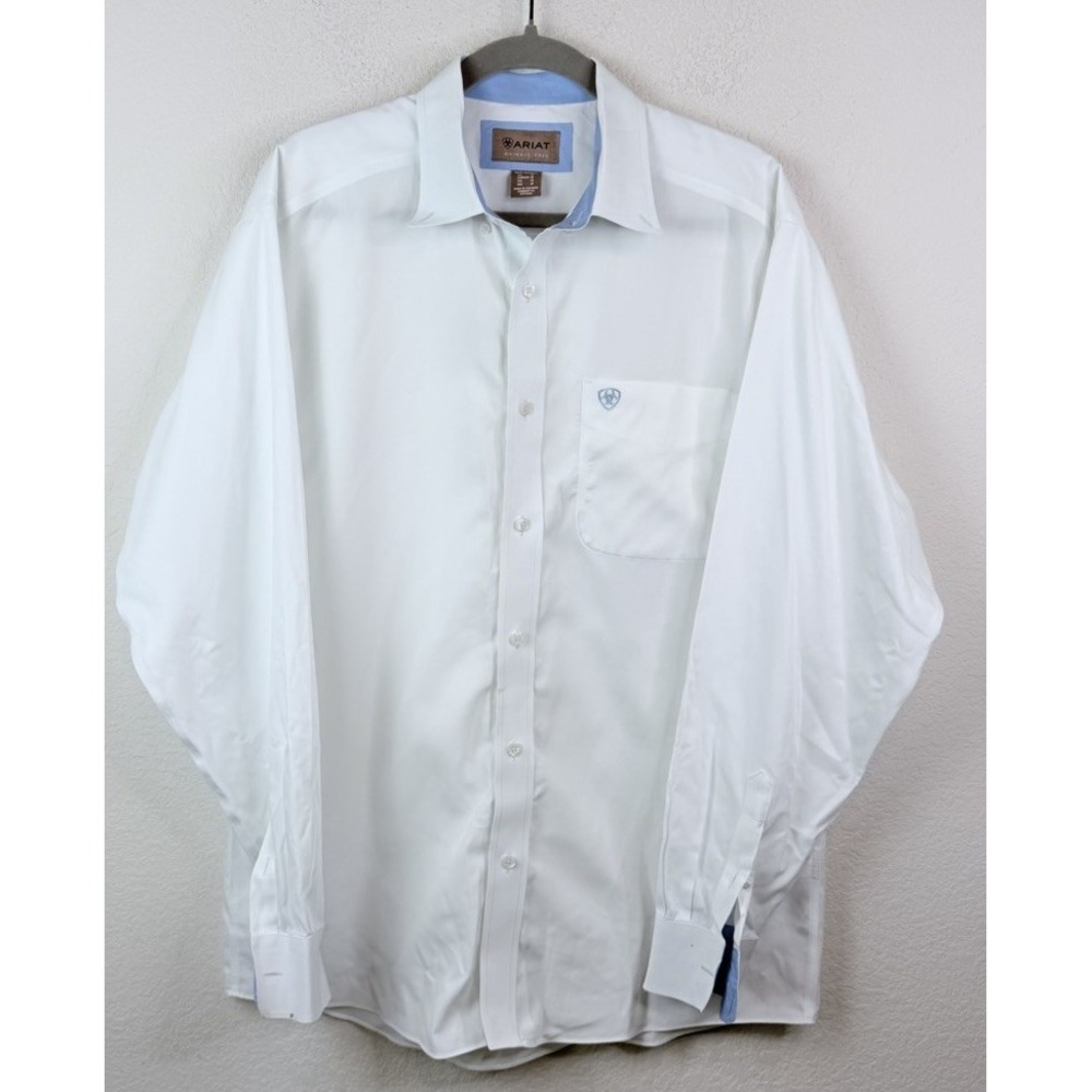 Ariat Wrinkle Free Shirt Men's M White Blue Western Button Down Cotton Cowboy